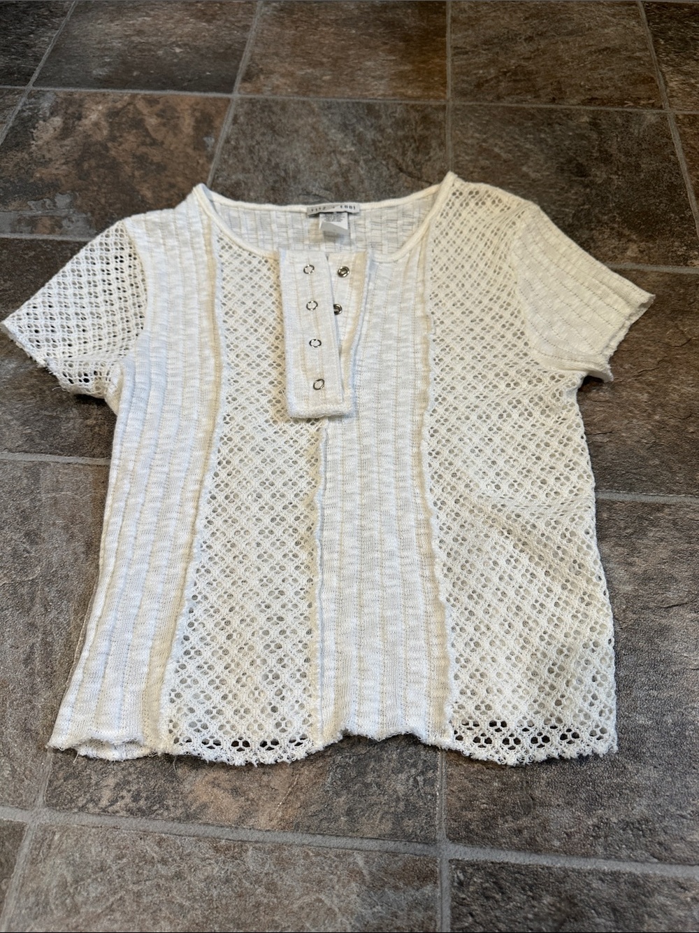 Light Cream Crochet Henley Short-Sleeve Top